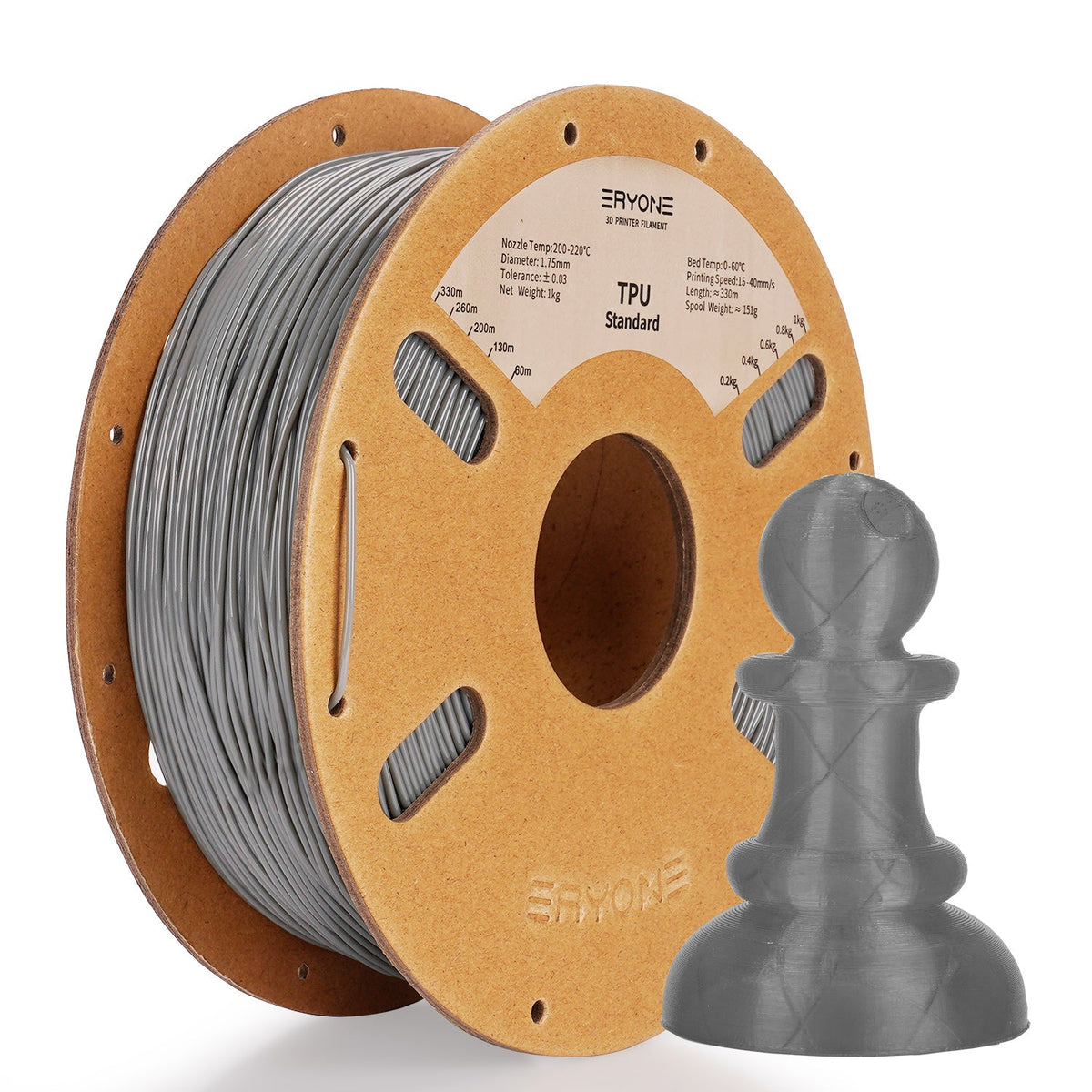 Eryone TPU flexibel – 1,75 mm, 0,5 und 1 kg – Grau – 1kg