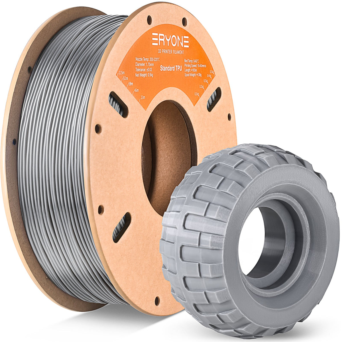 Eryone TPU flexibel – 1,75 mm, 0,5 und 1 kg – Grau – 0.5kg