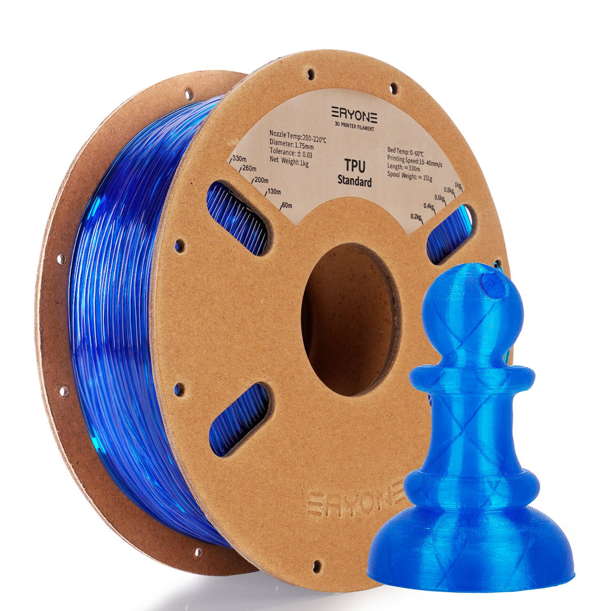 Eryone TPU flexibel – 1,75 mm, 0,5 und 1 kg – Transparent Blau – 1kg