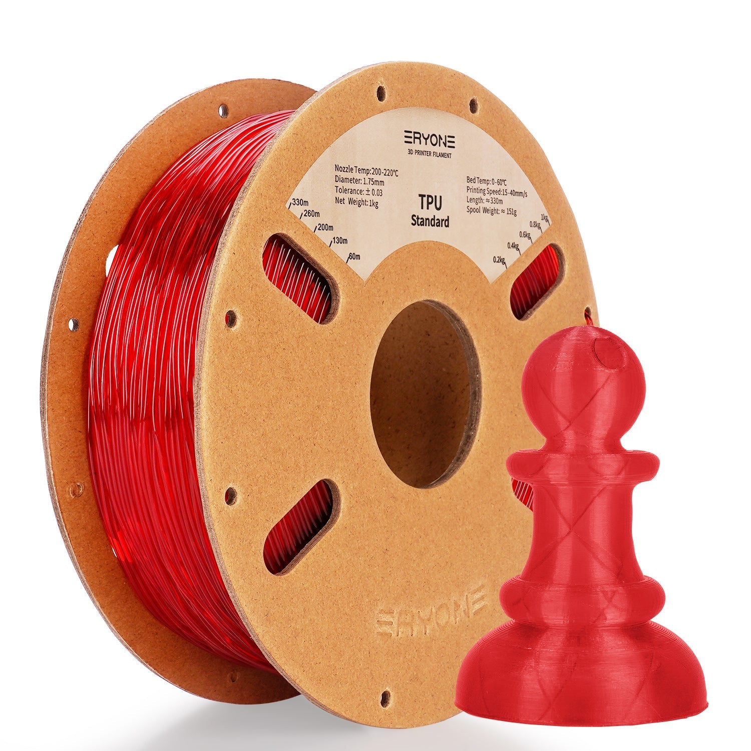 Eryone TPU flexibel – 1,75 mm, 0,5 und 1 kg – Transparent Rot – 1kg