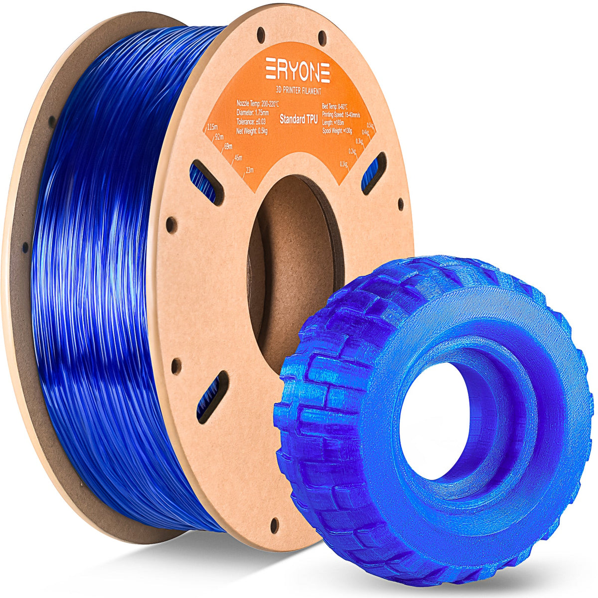 Eryone TPU flexibel – 1,75 mm, 0,5 und 1 kg – Transparent Blau – 0.5kg