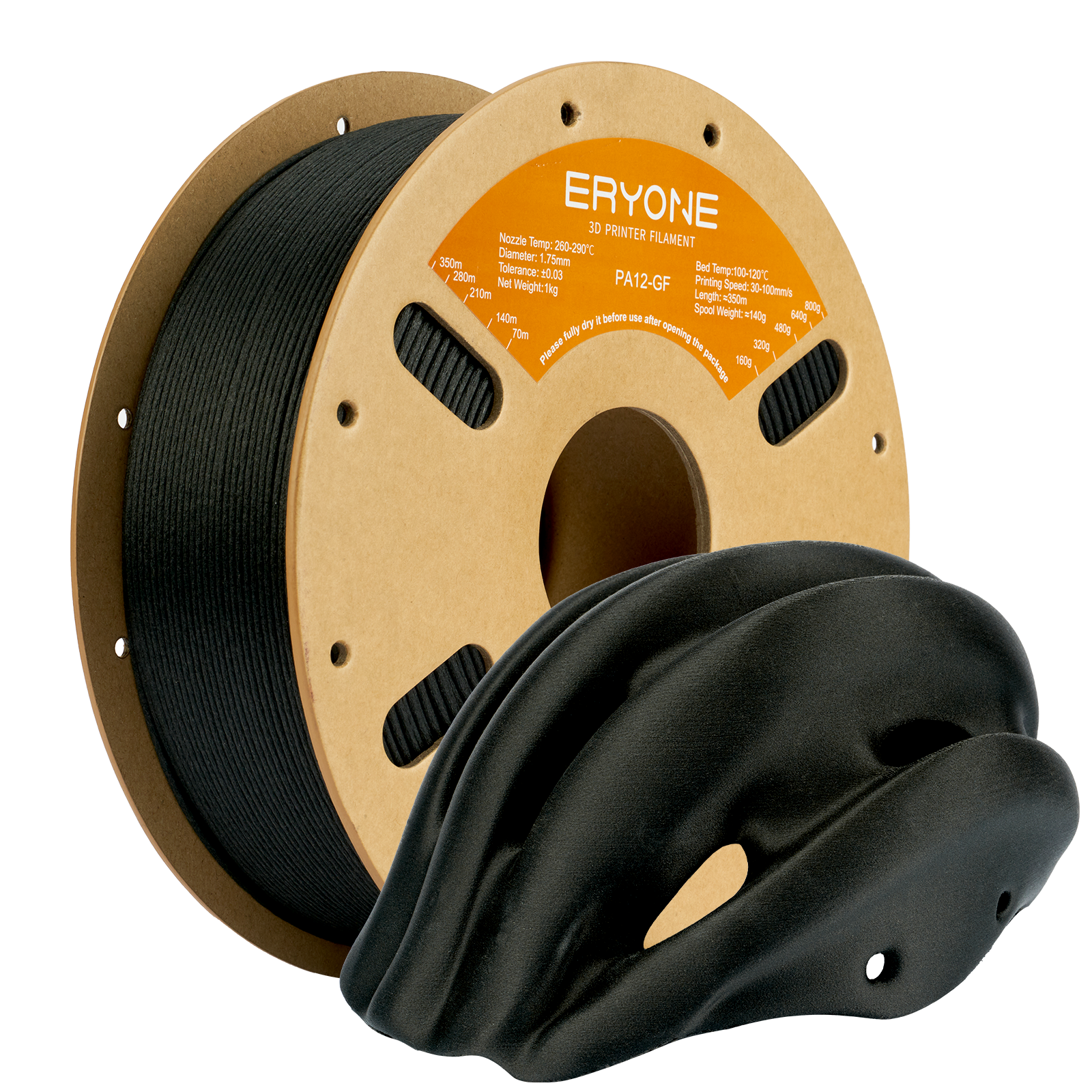 Eryone Nylon PA6 und PA12, auch mit Carbon und Glasfaser – 1,75 mm, 1 kg – Schwarz (PA12 – Glasfaser) – 1KG
