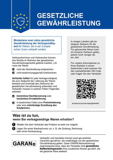 Gesetzliche Gewährleistung: Mindestens zwei Jahre gesetzliche Gewährleistung der Vertragsmäßigkeit für Waren, die in der Europäischen Union verkauft werden